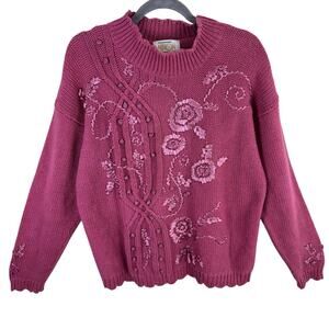 Ninon De Lenclos Vintage Pink Mock Neck Cable Knit Ribbon Embellished Sweater L